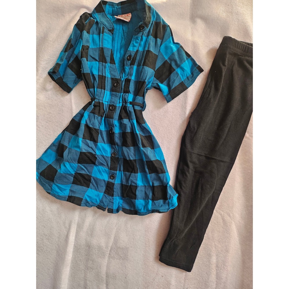S.W.A.K. Girls Blue Black Buffalo Plaid Tunic Shirt and Leggings Set Size 4 S